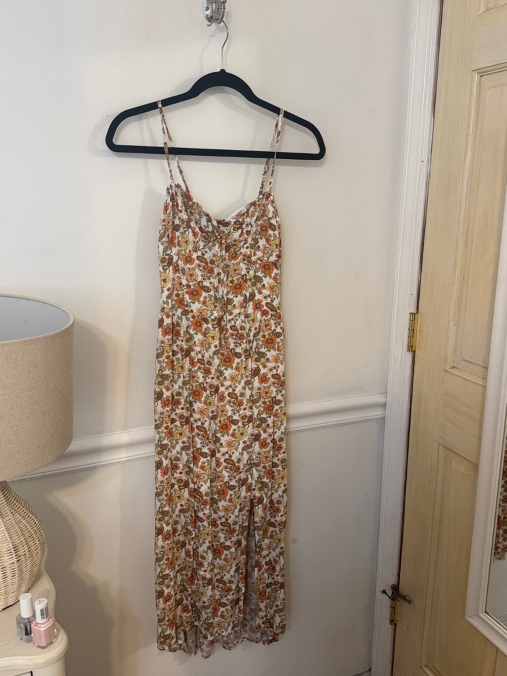 Hollister Cream Floral Spaghetti-Strap Maxi Dress with Orange Accents